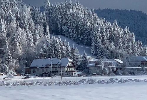 a house in the middle of a snow covered forest at Bergbude in Oberferlach