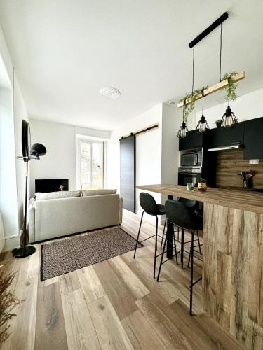 une cuisine et un salon avec une table et un canapé dans l'établissement Le Grand Port - T2 with parking, à Aix-les-Bains