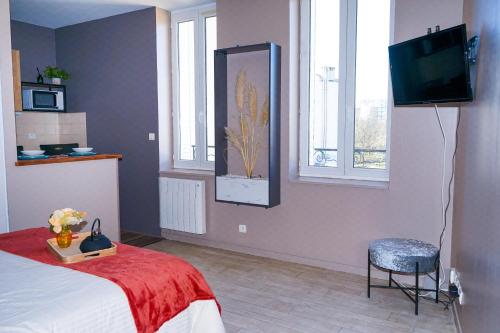 une chambre avec un lit et une télévision sur un mur dans l'établissement Appartement style hôtel cocooning, à Limoges