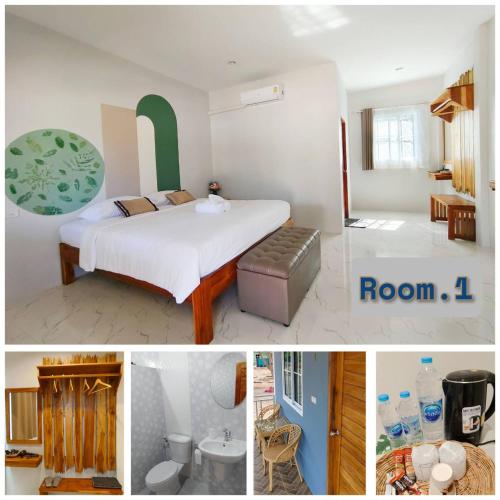 a bedroom with a large bed and a room with at Chiang Khan Dwelling in Chiang Khan