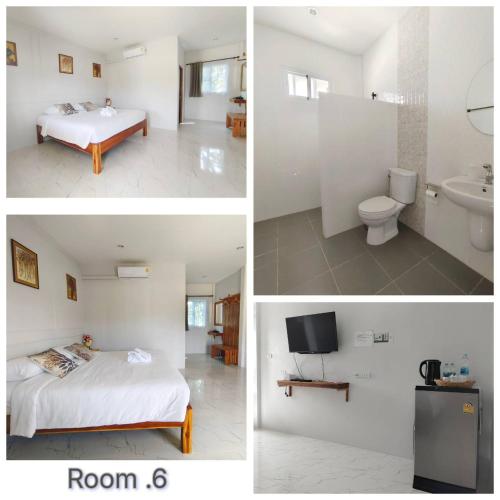 three pictures of a bedroom with a bed and a bathroom at Chiang Khan Dwelling in Chiang Khan