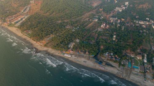 an aerial view of a beach next to the ocean at ELIVAAS House of Neptune - 3 BHK Cottage with Terrace & Gazebo on the Beach in Morjim