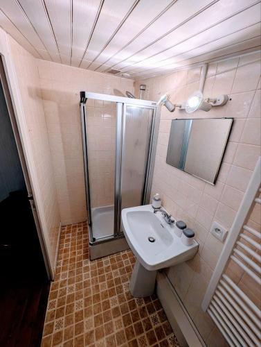 une salle de bain avec un lavabo et une douche dans l'établissement Maison de village classé petite cité de caractère, à Foussais