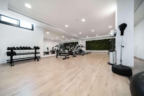 a gym with dumbbells and weights in a room at Casa Sol Luxury Rooftop Penthouse Gym Spa Pools in Marbella