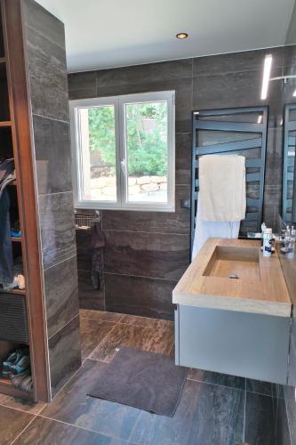 une salle de bain avec un lavabo et une douche dans l'établissement Coryphène pied dans l eau, aux Issambres