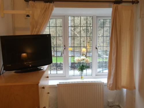 un televisor sentado en un escritorio frente a una ventana en Dragon Bed and Breakfast, en Betws-y-coed