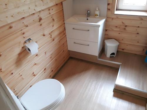 ein Badezimmer mit einer weißen Toilette und einem Waschbecken in der Unterkunft Lofotenhaus direkt am Skjelfjord in Skjelfjord