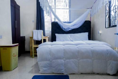 a bedroom with a large white bed with a canopy at Dodoma Central Apartments in Dodoma