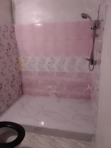 a pink bathroom with a toilet and a shower at kapi wild cottage Ella in Ella