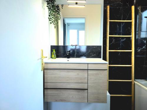 a bathroom with a sink and a mirror at Appartement Spacieux & Parking in Caen