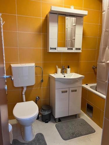 a bathroom with a toilet and a sink and a mirror at Apartman EXPO Surčin in Surčin