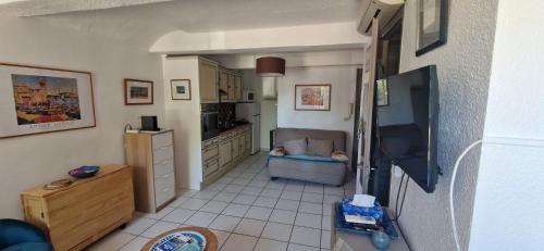 Il comprend un petit salon avec une télévision et une cuisine. dans l'établissement Studio Les pieds dans l 'eau, à Collioure