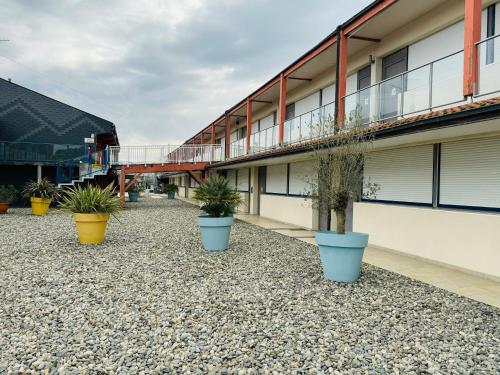a row of potted plants in front of a building at Kyriad Toulouse Sud - Roques in Roques Sur Garonne