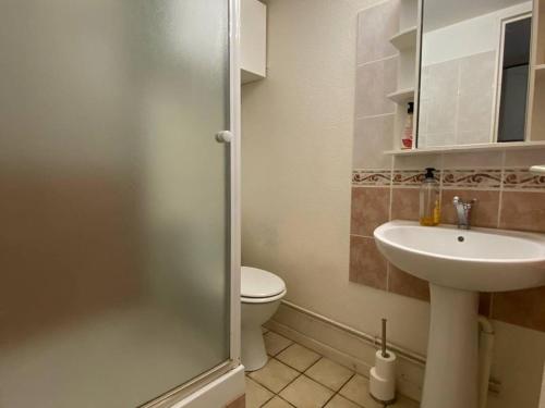 une salle de bain avec toilettes et lavabo dans l'établissement Villa cosy 4 pers, terrasse, parking privé à Port Leucate - FR-1-81-628, à Port-Leucate