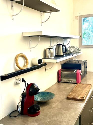 une cuisine avec un comptoir et une carafe sur le comptoir dans l'établissement Appartement niché dans la verdure, à Aix-en-Provence