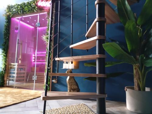 a wooden spiral staircase in a room with a plant at Ma Petite Chambre Parisienne in Pleugueneuc