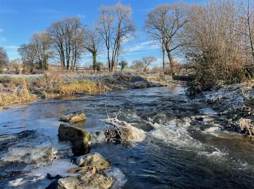 a river with snow on the rocks and trees at Maesyfelin Isaf Apartment in Llanybydder