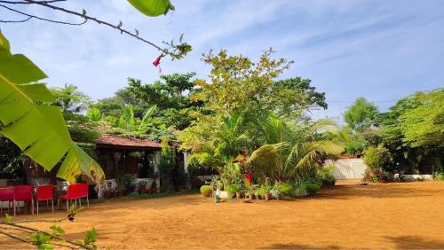 a house with a yard with red chairs and trees at Niyati Home Stay in Gokarna