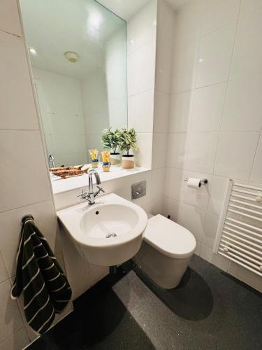 a bathroom with a sink and a toilet and a mirror at #12 Stylish Canalside Loft with Parking in Coventry