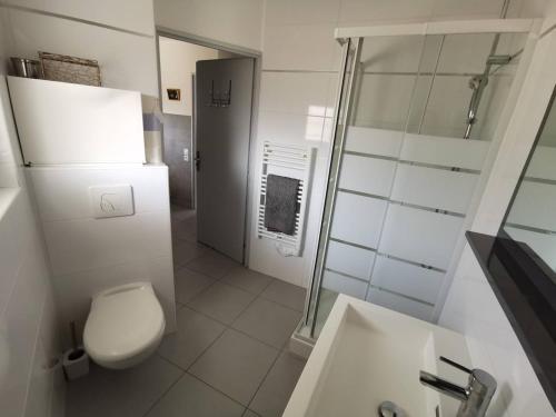 une salle de bain avec toilettes, lavabo et douche dans l'établissement AS18656 - Grand studio vue mer, direct sur plage avec parking privé, au Grau-du-Roi