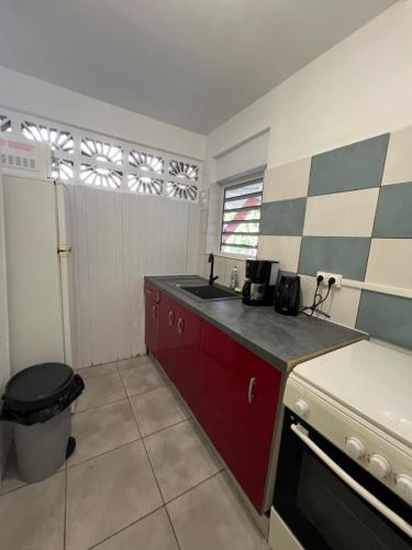 a kitchen with a sink and a refrigerator at Location tropical in Sainte-Anne