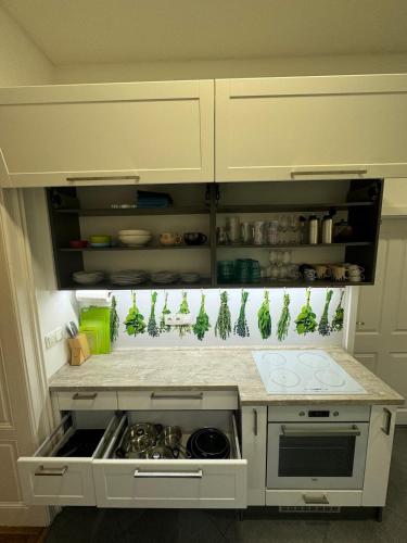 a kitchen with white cabinets and a counter top at V centru Znojma s vybavením pro děti a garáží pro kola in Znojmo