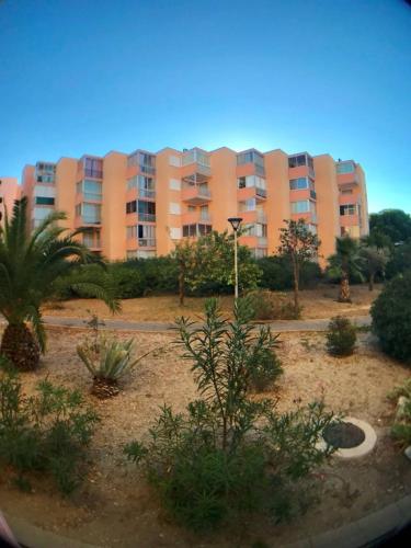 un grand immeuble en face d'un jardin dans l'établissement AS16106 - Studio centre ville avec parking privé, au Grau-du-Roi