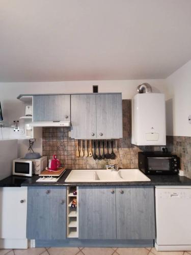une cuisine avec des armoires bleues et un évier dans l'établissement AS16106 - Studio centre ville avec parking privé, au Grau-du-Roi