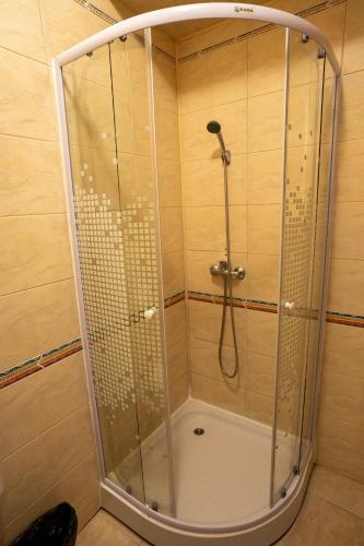 a shower with a glass enclosure in a bathroom at Villa Select in Predeal