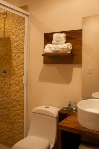 a bathroom with a toilet and a sink at Shavanna Hotel Boutique in Puerto Escondido