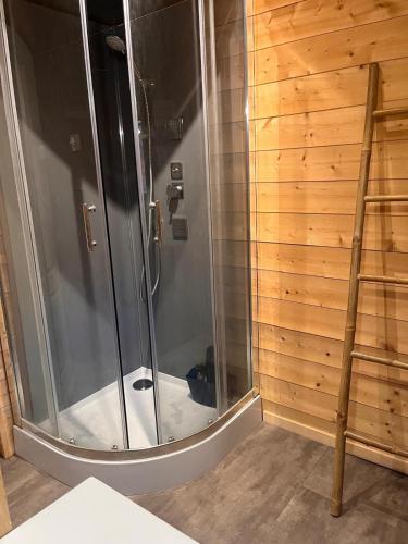 une douche avec une porte vitrée dans une salle de bain dans l'établissement Chalet les Randonneurs spacieux 8 couchages, à Saint-Laurent-en-Grandvaux
