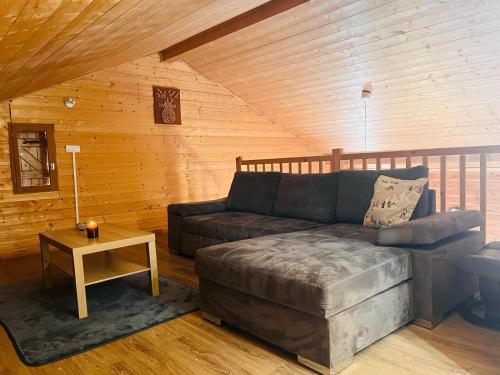 un salon avec un canapé et une table dans l'établissement Chalet les Randonneurs spacieux 8 couchages, à Saint-Laurent-en-Grandvaux