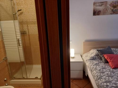 una camera da letto con doccia e un letto con un Sidx Sidx Sidx. di Maria's Rooms a Roma