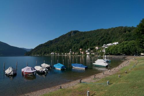 a group of boats are docked in a lake at Historical Caslano Apartments - Happy Rentals in Caslano