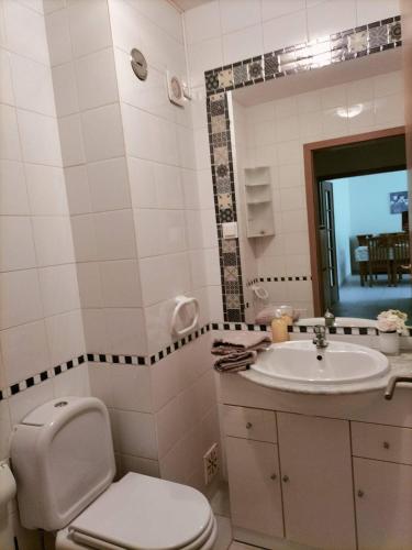a bathroom with a toilet and a sink and a mirror at Holiday Spot in Portimão