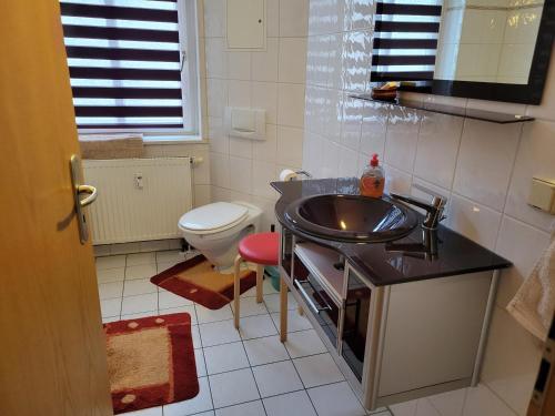 a bathroom with a sink and a toilet at FeWo Köt- 3 Ferienwohnungen im historischen Köthener Stadtkern in Köthen