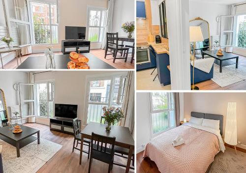 un collage de quatre photos d'une chambre et d'un salon dans l'établissement L'écrin d'Ivry, à Ivry-sur-Seine