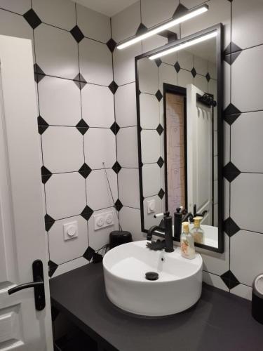 une salle de bain avec un lavabo blanc et un miroir dans l'établissement Port City Arcachon Parking-Piscine, à Arcachon