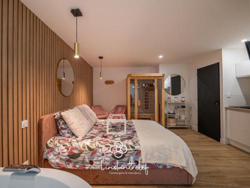 un dormitorio con una cama y un sofá en Love au Mans - Sauna et Jacuzzi inclus, en Le Mans