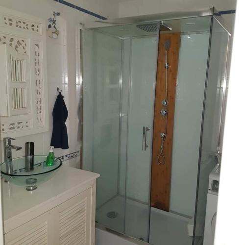 une salle de bain avec une douche en verre et un lavabo dans l'établissement Le Clos d'Alice, à La Teste-de-Buch