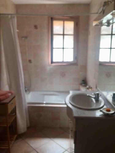 une salle de bain avec une baignoire et un lavabo dans l'établissement Appartement 3 pièces dans maison en rez-de-jardin, à Peymeinade