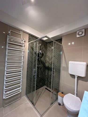 a bathroom with a shower and a toilet at Sleep&Fly Zagreb AIRPORT APARTMENTS in Velika Gorica