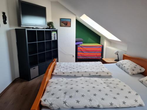 a bedroom with two beds and a tv on top at Himmelreich Nahne in Osnabrück