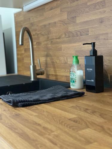 - un comptoir de cuisine avec un évier et une bouteille de savon dans l'établissement Le Commerce-Gare-Centre-Ville, à Montbéliard