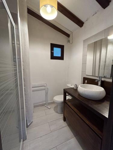 une salle de bain avec un lavabo et des toilettes dans l'établissement Mini-villa à 1 minute de la plage de Santa Giulia, à Porto-Vecchio