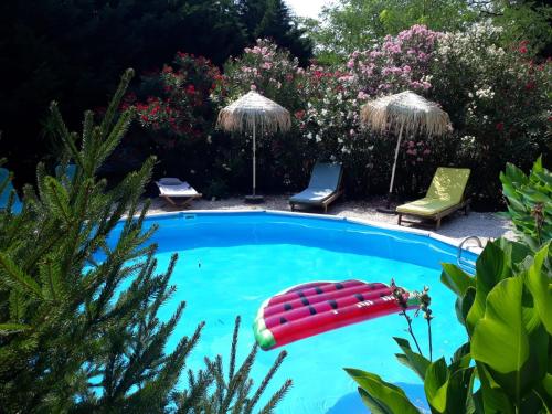 - une piscine avec une chaise rouge et des parasols dans l'établissement Le chalet, à Roquemaure