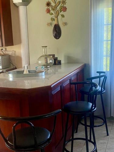 a kitchen with a counter with four bar stools at Moonlit Meadow B&B in Duncans