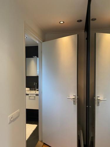 an open door to a bathroom with a sink at B&B de Tol in Hulst