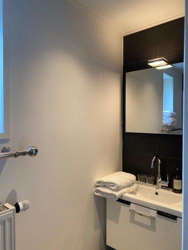 a bathroom with a sink and a mirror at B&B de Tol in Hulst