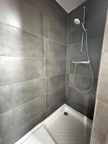 une salle de bain avec une douche avec pommeau de douche dans l'établissement Cosy air-conditioned studio terrace, à Lyon